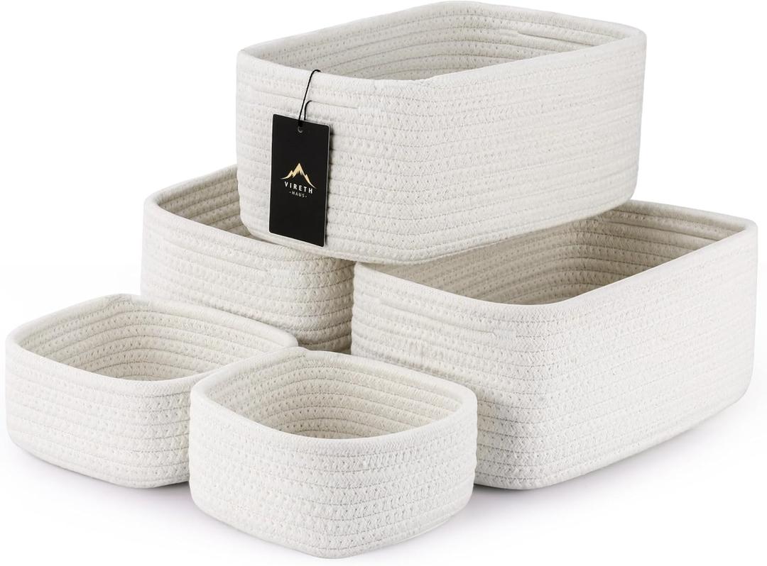 5-Pack Small Woven Rope Storage Baskets  2 Sizes Organizer Bins for Closet, Shelf, Bookshelf, Nursery, Changing Table, Fabric Cube Boxes, Rectangular Shallow Bins for Bathroom, Toy & Home (11.81*7.48*4.72'' & 5.91*5.91*2.56'', White)