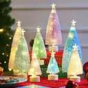 JOYIN 8 Pcs Small Xmas Trees with LED Lights, Flocked Miniature Christmas Tree in 4 Sizes, Mini Tabletop Artificial Pine Tree with Snow with Star Topper for Indoor Decor Holiday Festive Gifts (Pastel)