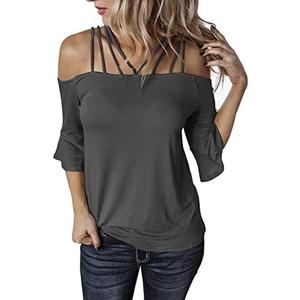 Hilltichu Womens Spaghetti Straps Cold Shoulder Shirts Casual Half Sleeve Tops Size XL