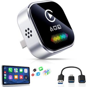 Wireless CarPlay Adapter for iPhone 2026 4-in-1 Dongle with AirPlay & Screen Mirroring, Low Latency, 5-Second Auto Connect for Wired Cars, Includes USB A/CSilvery