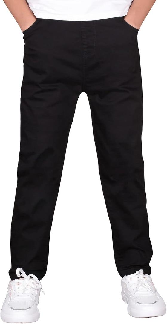 CAMLAKEE Boys' Stretch Pull on Chino Pants Kids School Uniform Yonth Twill Pants (8-9 Years, Black)