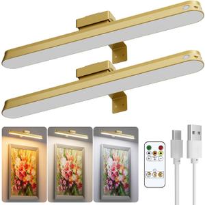 Picture Lights for Wall Battery Operated, 2-Pack 16in Magnetic Rechargeable Picture Light with Remote, Dimmable, Timer Painting Light,Art Display Light for Picture Frame Artworking Portrait, Gold