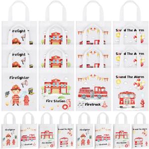 24 Pcs Firetruck Party Favors Gift Bags Christmas Fire Truck Theme Birthday Decorations Party Supplies Non Woven Reusable Firefighter Goodie Gift Bags with Handles