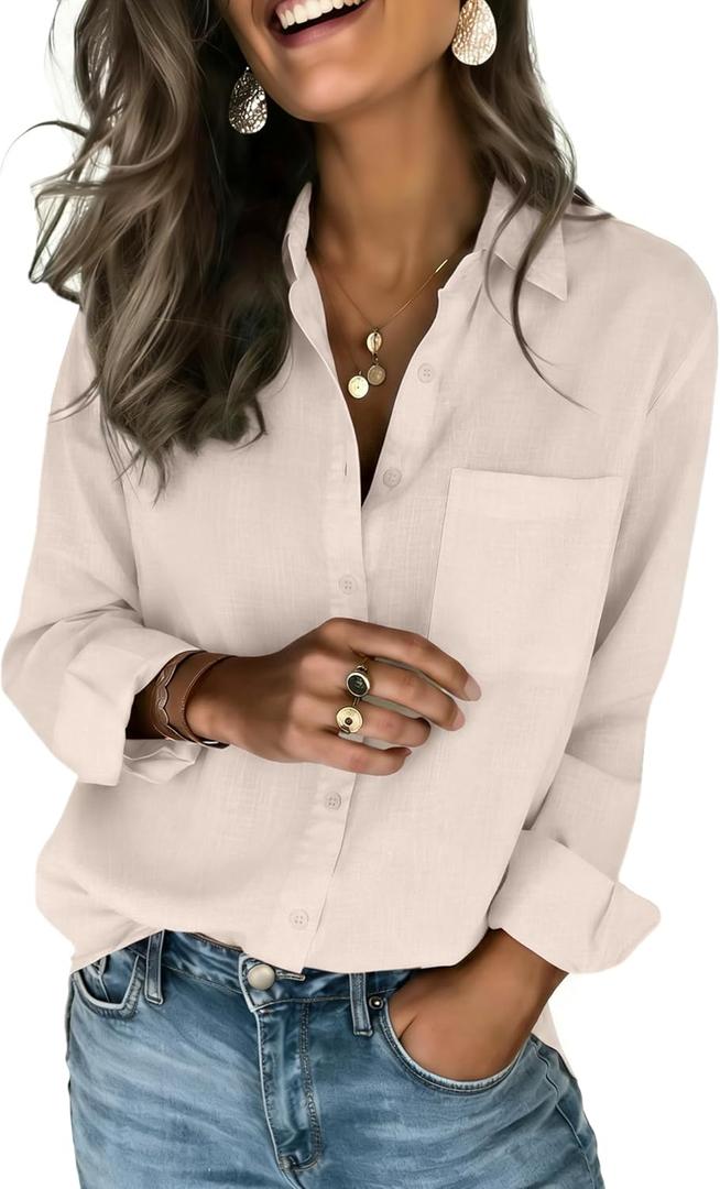 Zeagoo Womens Button Down Shirts Long Sleeve Cotton Gauze Tops Casual Collared Blouses Loose Fit (Beige, XL)