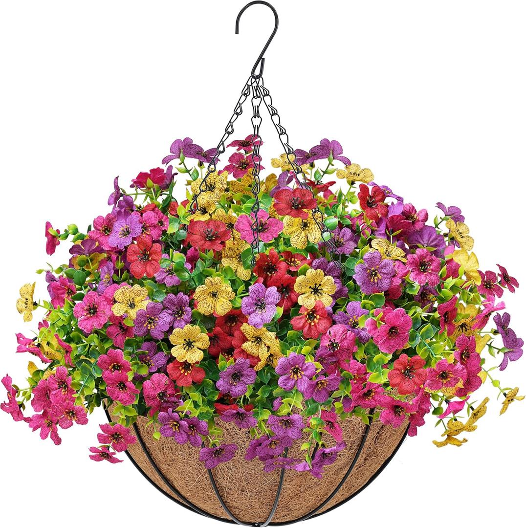 Der Rose Artificial Hanging Flowers Basket for Outdoors Fake Hanging Plants Spring Summer Decoration UV Resistant for Garden Front Porch Patio Balcony Decor (Multi-color)