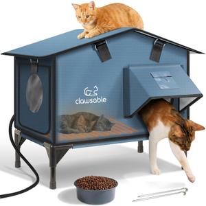 Upgraded Heated Cat House for Outside Escape Door, Highly Insulated Heated Outdoor Cat House Waterproof Awning, Weatherproof Outdoor Feral Cat Shelter for Stray Winter (22.0"L x 12.0"W x 20.0"H, Grayish Blue)