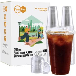 Turbo Bee 20 OZ 200 Sets Clear Plastic Cups with Strawless Sip Lids, To Go Crystal Clear Disposable Plastic Cups with Lids for Iced Coffee, Smoothies, Soda, Lemonade, Cold Beverage (20oz)