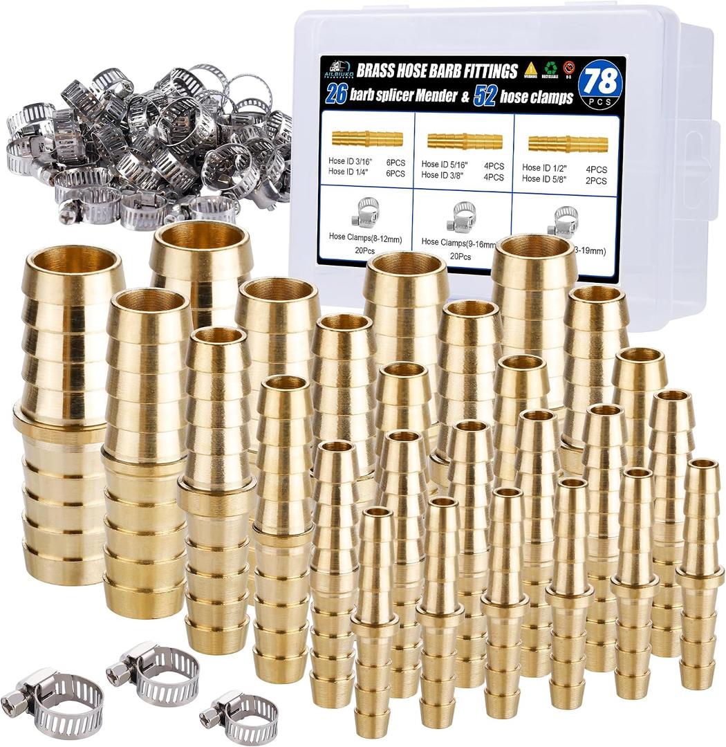 26PCS Brass Hose Barb Fitting,Barb Splicer Mender Hose Fittings 3/16" 1/4" 5/16" 3/8" 1/2" 5/8" with 52Pcs Stainless Steel Pipe Hose Clamps for Air/Fuel/Water/Oil Hose