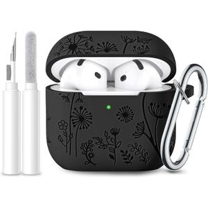 Lerobo for Airpods 4 Case Cover with Cleaner Kit, Cute Flower Engraved Silicone Protective Dust-Resistant Cover with Keychain Compatible with Apple Airpods 4 Case 2024, Black