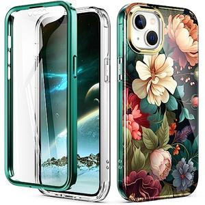 Turquiase Cute Flower Case for iPhone 13/14 6.1 inch Built with Screen Protector, Lightweight and Stylish Full Body Shockproof Protective Rugged TPU Case for Women/Girls