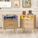 Rattan Nightstands Set of 2 with Charging Station and Led Lights, End Tables with 2 Drawers and Wood Legs, Bedside Tables Night Stands for Bedrooms, Side Tables Living Room (2 Pack)