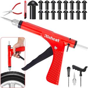 Richcat Tubeless Tire Puncture Repair Kit with Mushroom Plug, Repairs punctures and Flat Tires for Motorcycles, Cars, Trucks, ATVs,Gun Puncture Repair Kit