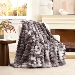 Cozy Bliss Faux Fur Throw Blanket for Couch, Cozy Warm Plush Striped Blanket for Sofa Bedroom Living Room, 50 * 60 Inches Tie-dye Grey