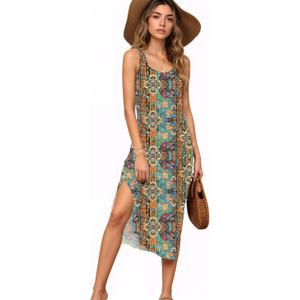 Women's Summer Midi Dress 2025 Sleeveless Floral Print Split Casual Bodycon Long Beach Sundress Travel Vacation Outfits (XL)
