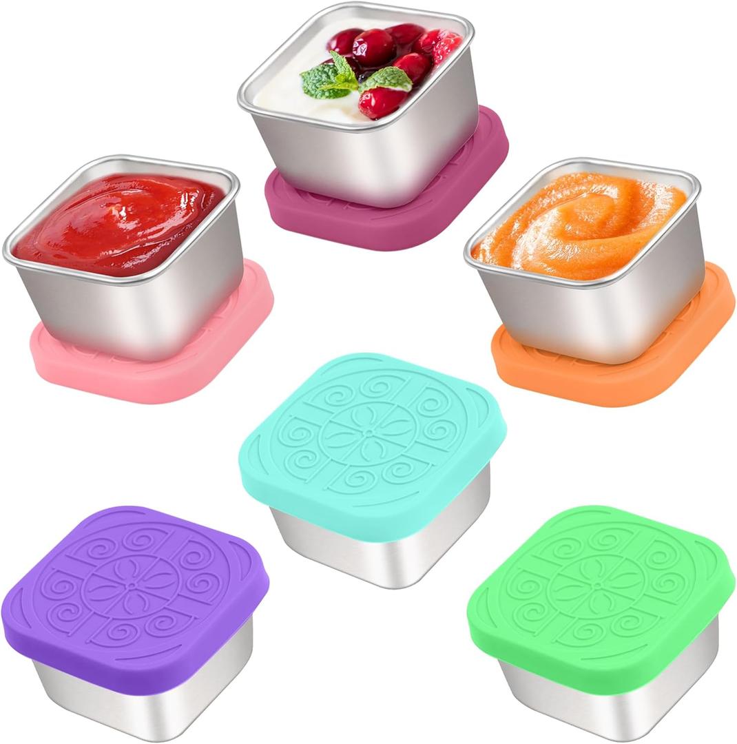 6x2.7 Oz Salad Dressing Container to Go,Handy Leakproof Stainless Steel Meal Prep Containers Reusable,Sauce Containers for Lunch Box, Picnics, Travel, Office and Kitchen Storage-Square (Rainbow)
