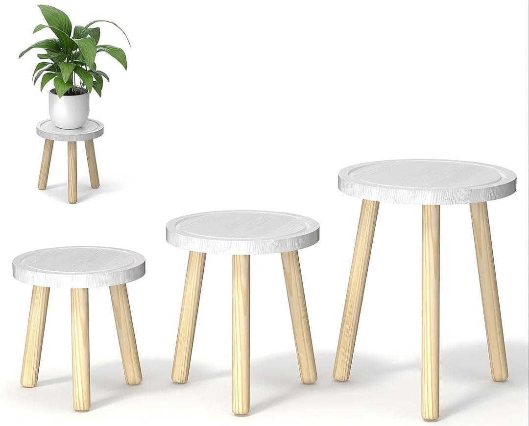 3-Pack Wood Plant Stands Indoor, Single Plant Stand for 6-12 Inch Pots, Mid-Century Modern Plant Stool, Tall Plant Stand for Large Plants for Living Room, Balcony, Office (White) (White Tray with Wood Color Legs)
