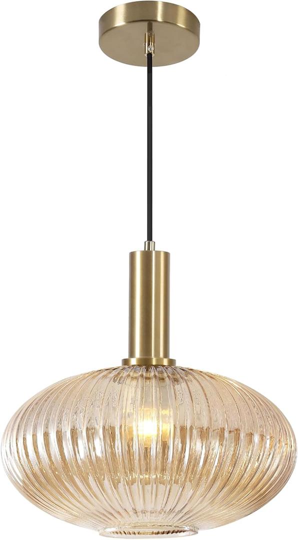 KCO Lighting Vintage Gold Pendant Light Fixture Amber Glass Pendant Light Mid Century Modern Lantern Light Antique Brass Dining Room Light Large Hanging Light Fixture