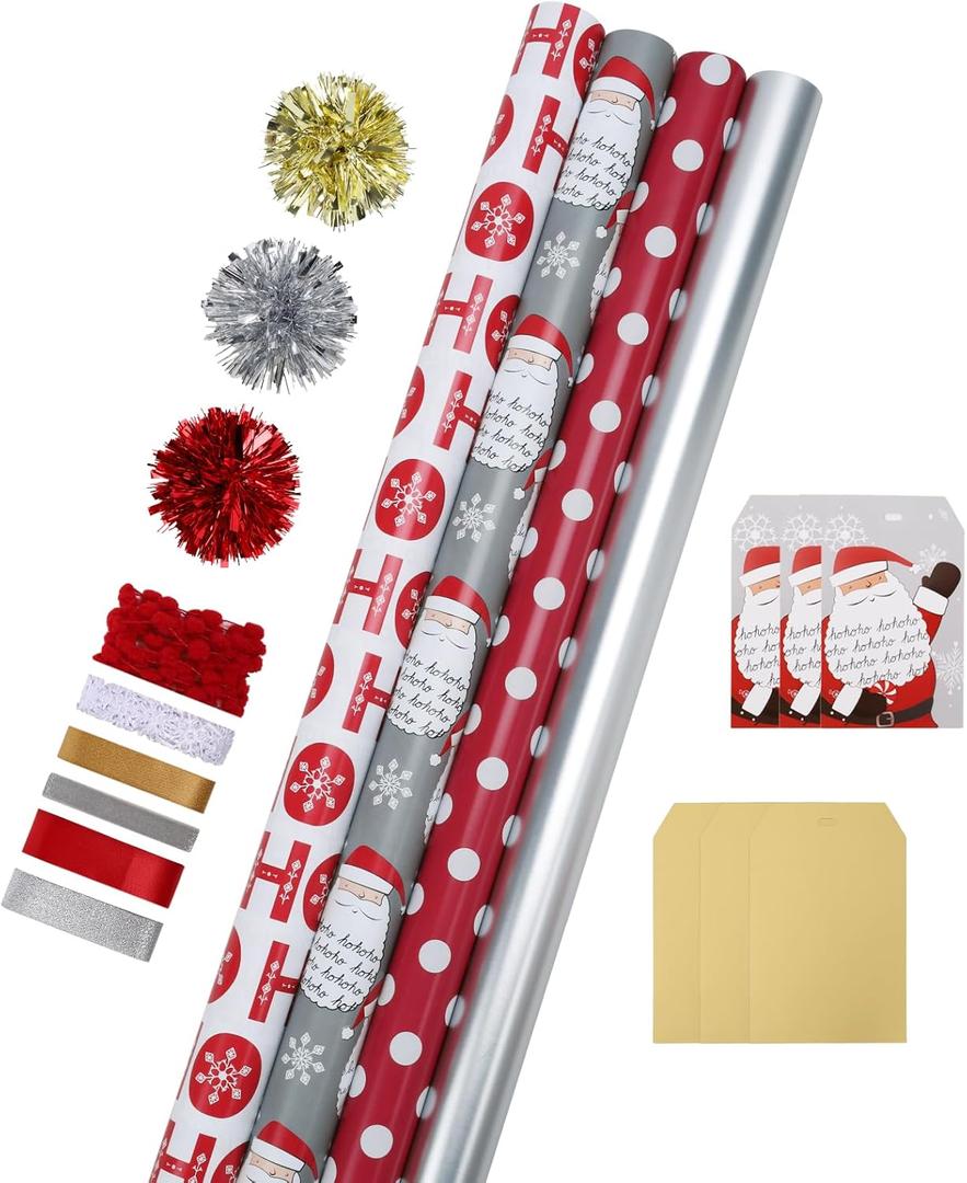 LaRibbons Christmas Wrapping Paper Set, Classic Santa Face & Plaid Design with Gift Bow & Ribbons & Tags, Perfect for Christmas, Holiday, Winter Party, Xmas, 30 Inch X 10 Feet (4Rolls, 100 sq.ft.ttl.)
