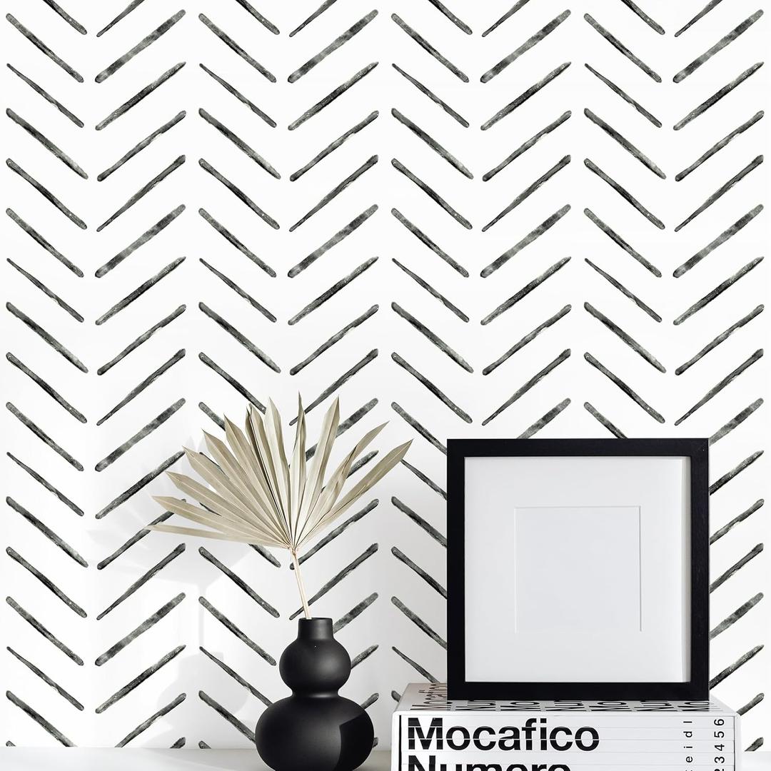 Rugreat Herringbone Peel and Stick Wallpaper Modern Stripe Contact Paper for Cabinets 276inL17.3inW Neutral Self Adhesive Removable Wallpaper for Bedroom Bathroom Waterproof Black and White