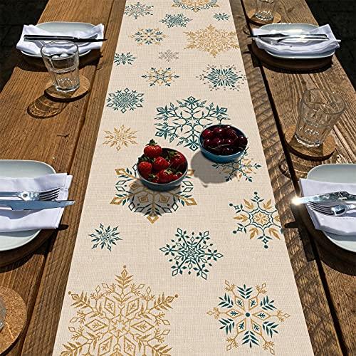 Seliem Winter Snowflakes Table Runner, Gold Blue Tabletop Scarf Home Kitchen Christmas Holiday Decor Sign, Seasonal Farmhouse Rustic Burlap Dining Decorations Party Supplies 13 x 36 Inch 2 prs
