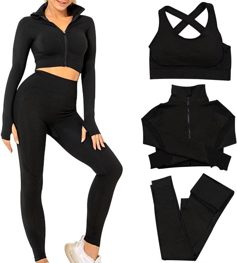 Women's 3pcs Seamless Workout Outfits Sets, Yoga Sportswear Tracksuit Leggings and Stretch Sports Bra Fitness (Large, Black)