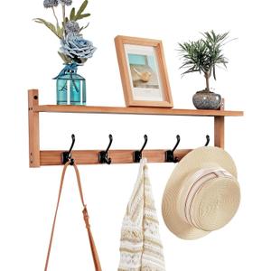 Coat Rack Wall Mount with Shelf, 26IN Wooden Coat Hanger Hooks Wall Mount with 5 Metal Hooks, Hanging Shelf with Hooks, Wood ([26 IN] B, Retro Walnut)