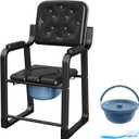 Heavy Duty Bedside Commode Chair, High Backrest PU Leather Armchair with Extra Soft Padded Cushion, Elderly Safety Toilet Seat for Living Room Bedroom, Supports up to 350lbs (Black)