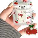 JANDM for AirPods Case with Cherry Keychain,Shockproof Lovely Clear Cute Bowknot Design Case with Keychain for AirPods 2nd/1st