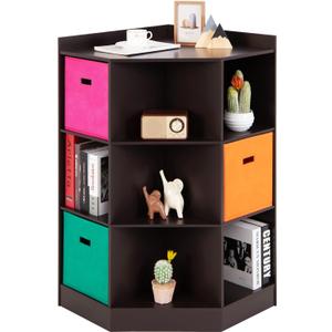 Costzon 9-Cubby Kids Bookcase with Large Storage Bins, Children's Corner Cabinet with 6 Cubes and 3 Shelves, Wooden Toy Organizers and Storage Book Shelves for Playroom Kids Room Nursery, (Espresso)