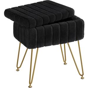 Greenstell Vanity Stool Chair Faux Fur with Storage, 15.7"L x 11.8"W x 19.4"H Soft Ottoman 4 Metal Legs with Anti-Slip Feet, Furry Padded Seat, Modern Multifunctional Chairs for Makeup, Bedroom Black