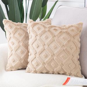 MADIZZ Set of 2 Khaki Plush Short Wool Throw Pillow Covers 12x12 Inch Square Super Soft Cozy Decorative Velvet Cushion Cover for Sofa Bedroom Livingroom Pillow Shell