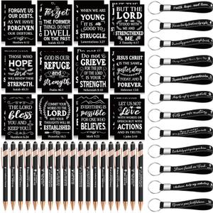 Estune 72 Pcs Christian Bible Gifts Set Bulk Religious Scripture Notebooks Scripture Quote Inspirational Ballpoint Pens Verse Keychain Christmas Inspirational Bible Gifts for Office (Classic)