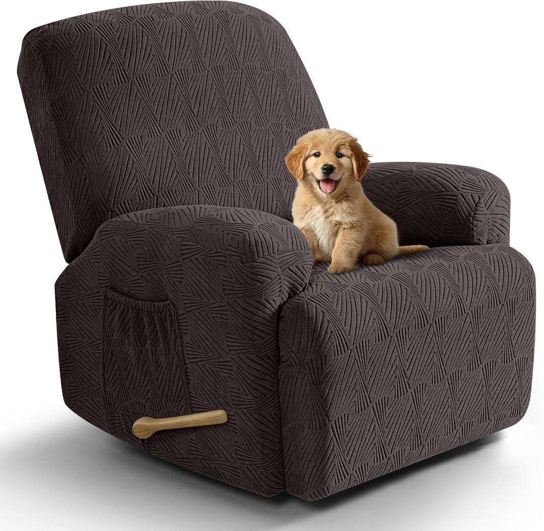VANSOFY Recliner Chair Covers, 4-Pieces Stretch Recliner Cover Jacquard Soft Reclining Chair Slipcover Furniture Protector with Elastic Bottom for Lazy Boy Recliner(Chocolate) (1 Seat)