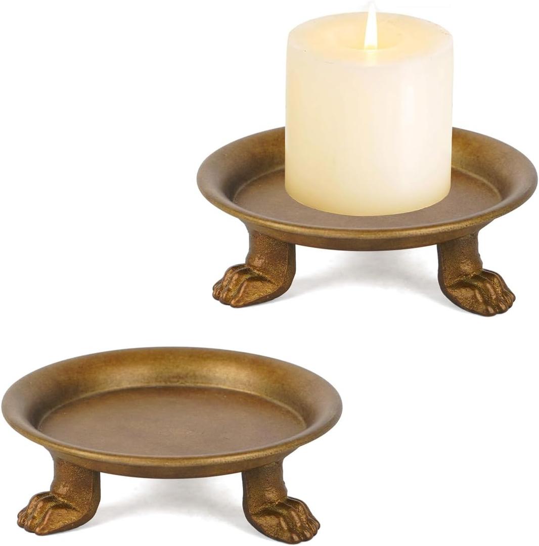 NIKKY HOME Gold Decorative Iron Plate Candle Holders Set of 2, Vintage Pillar Candlestick Stand Base Tray for LED & Wax Candles, Incense Cones, Spa, Weddings