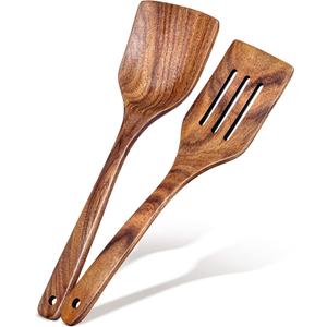 2Pcs Wooden Spatula, Acacia Solid & Slotted Turner Spatula Set, Long Handle Flat Frying Spatulas, Ideal Kitchen Gift for Mother and Grandma, Kitchen Utensils Set for Cooking, Frying, Baking