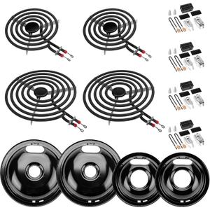 W10290350 W10290353 Porcelain Burner Drip Pans & MP22YA Electric Range Burner Element Unit Set & 330031 Range Burner Receptacle Kit Compatible with Whirlpool Frigidaire Range Oven/Stove by Cenipar