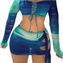 SOLY HUX Women's 3 Piece Bathing Suit Gradient Off Shoulder Long Sleeve Swimsuit Bikini Sets with Beach Skirt Blue Ombre X-Large