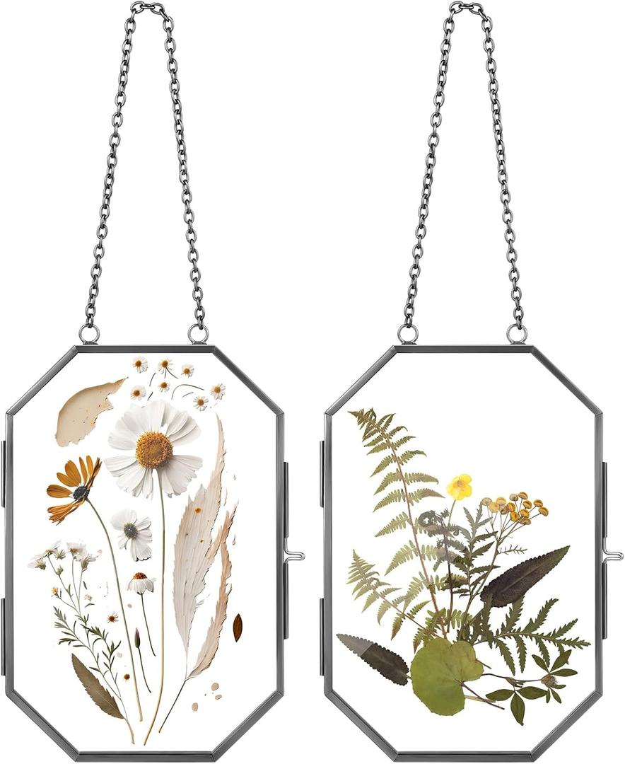 Qunclay Mothers Day Gift for Mom - 2 Pack Pressed Floating Flower Frame, Double Glass Wall Hanging Frame with Chain for Dried Flowers, Botanical Art, DIY Craft, Gift for Women(Black,5 x 7 Inch)