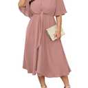 SCOMCHIC Women Plus Size Midi Dresses Wedding Guest Short Sleeve V Neck Tie Waist Casual Summer Flowy A Line Dress Dusty Pink, XL