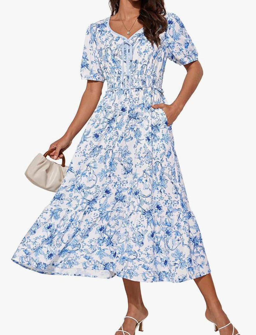 GRACE KARIN 2025 Women's Summer Floral Flowy A Line Midi Dresses Elegant Short Sleeve Smocked V-Neck Tiered Dresses S