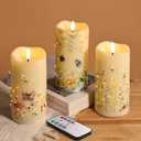 Eywamage Fiber Optic Flameless Pillar Candles with Remote Set of 3, Butterfly Floral Spring LED Candles Battery Operated Gift 3" H 6"