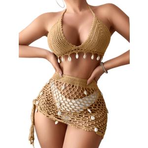 EHSUYAB Womens Sexy Two Piece Cover Up Skirt Set, Backless Shell Boho Crochet Swimsuit Coverup, Summer Beach Vacation Outfits (Beige, L)