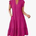 Prinbara Womens Summer Floral Midi Dresses Ruffle Sleeve V Neck 2025 Spring Casual Flowy Tiered A-Line Sundress with Pockets, XL