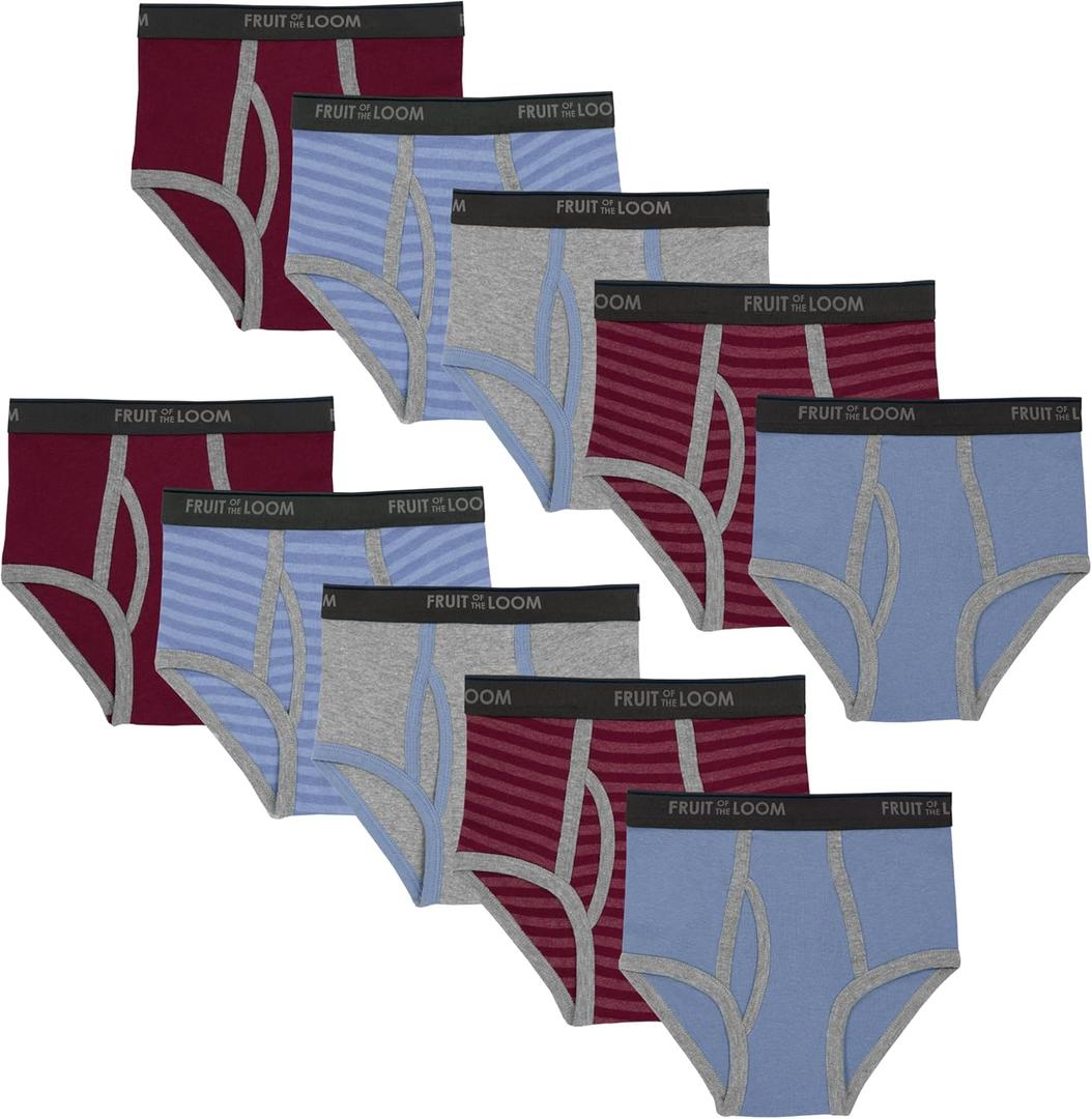 Fruit of the Loom Boys' Tag Free Cotton Briefs Underwear (Assorted Colors) (Large, Boys  10 Pack  Blue/Grey/Red)