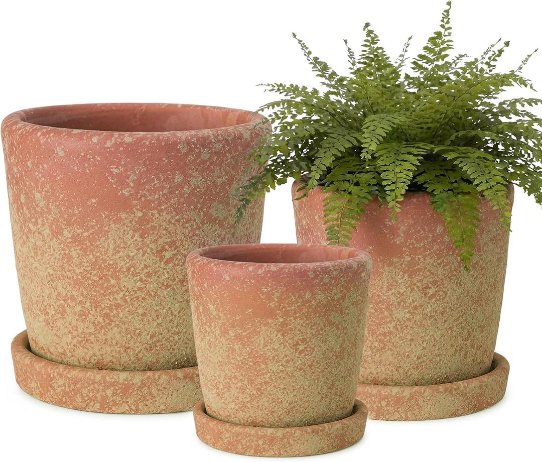 Yungyan Set of 3 Rustic Terracotta Planter Pot and Saucer 5/6/7 Inch Aged Farmhouse Style Flower Pot Distressed Finish Cement Planter with Drainage Hole for Indoor Outdoor Garden, Patio, Porch