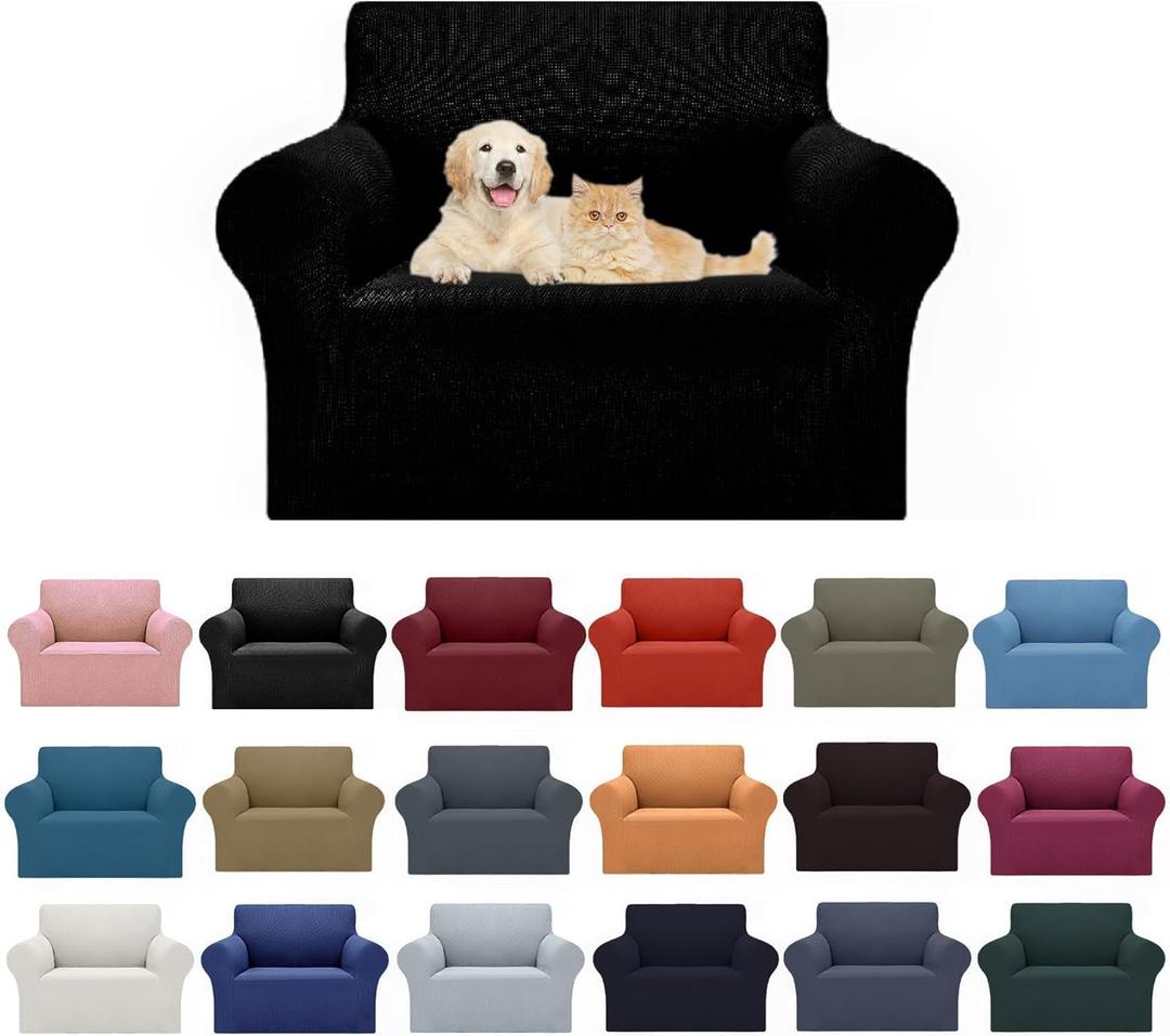 2025 New Stretch Chair Sofa Slipcovers Couch Cover for 1 Seater Furniture Protector Sofa Covers with Elastic Bottom Jacquard Fabric Small Checks for Pets, Kids - Black