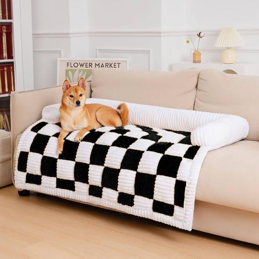 FUNNY FUZZY Pet Couch Covers for Sofa, Large Couch Cover for Dogs Washable Cream Square Plaid Pet Bed Mat for Furniture Protector Sofa Cover for Pets, Large, Black