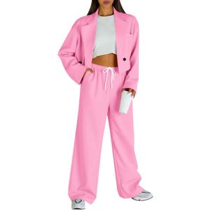 Fisoew Women's 2 Piece Outfits Casual Crop Blazer Jackets Loose Wide Leg Pants Fall Dressy Business Work Suit Sets (X-Large, Pink)