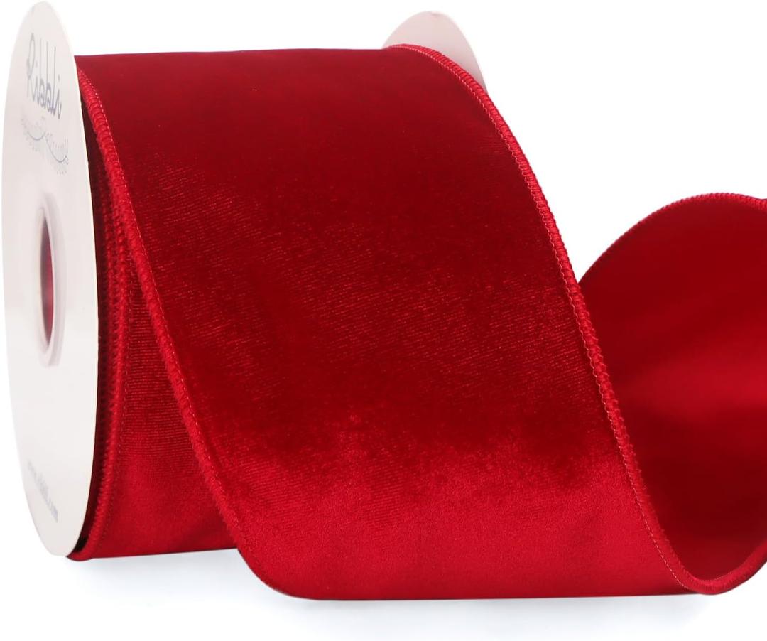Ribbli Red Velvet Wired Ribbon 4 Inch Velvet with Satin Christmas Ribbon for Gift Wrapping Christmas Tree Decoration Crafts Wreaths Supplies-Continuous 10 Yards