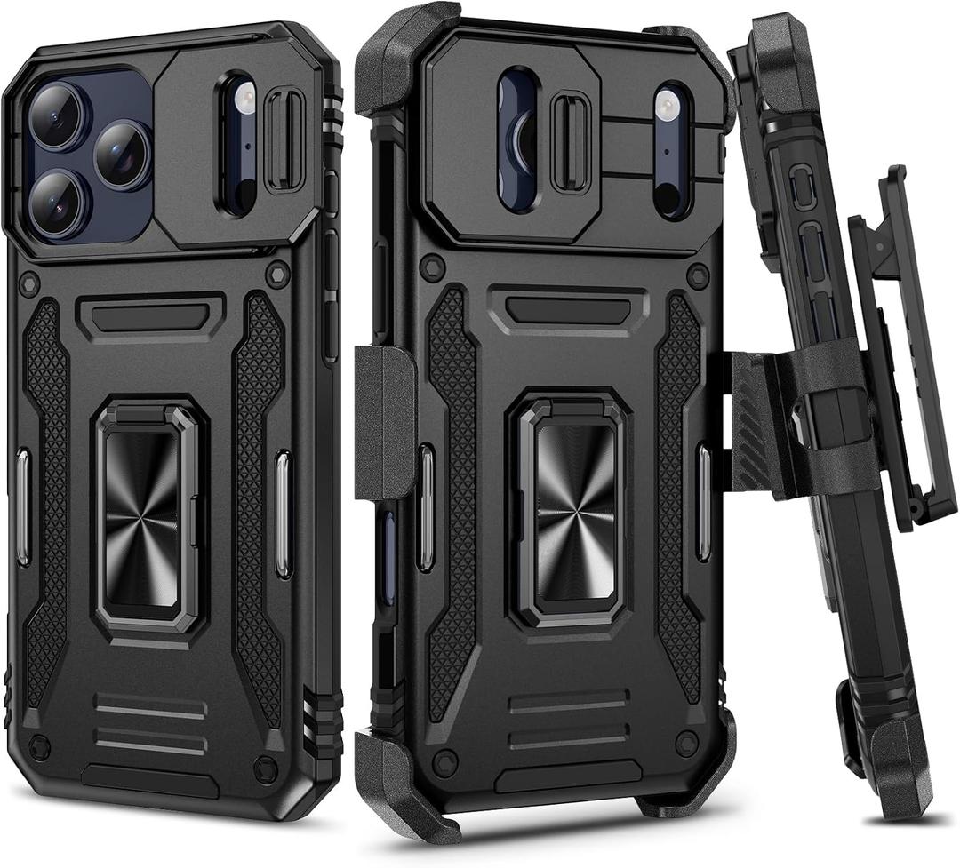 for iPhone-17-Pro-Max Case, with Belt Clip Holster & Slide Camera Cover & 360Rotatable Ring Kickstand Military Grade Heavy Duty Protection Shockproof Case for iPhone 17 ProMax 2025 - Black